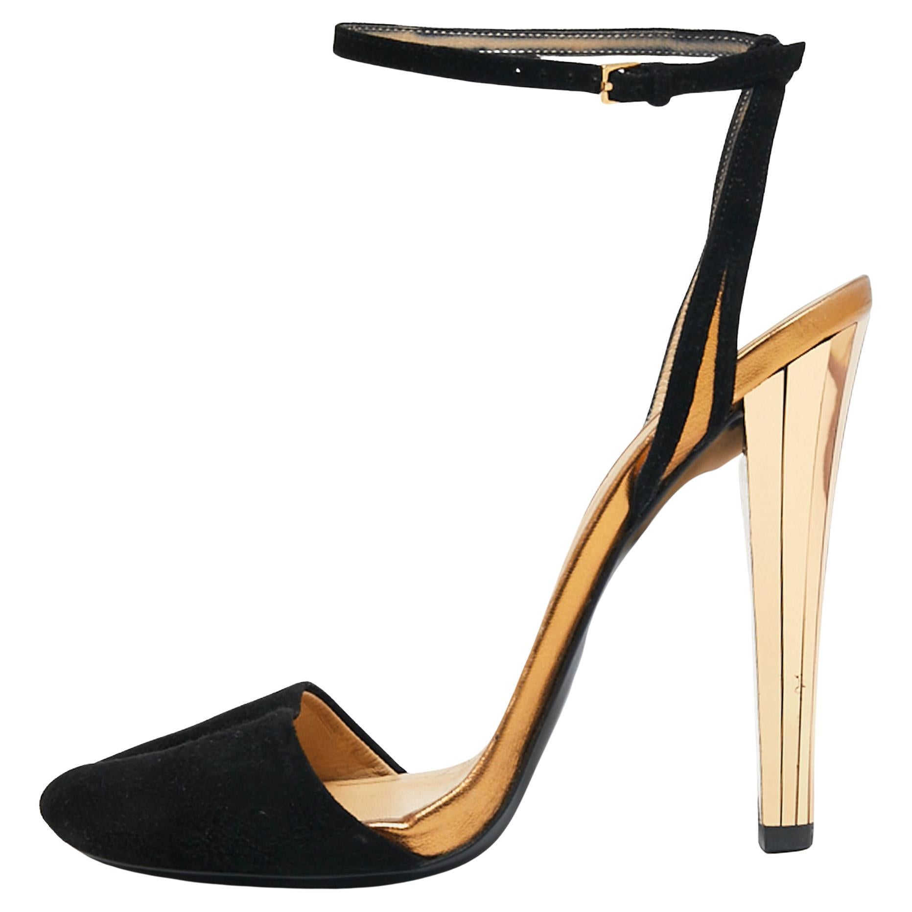 Gucci Black/Gold Suede Peep Toe Ankle Strap Sandals Size 38