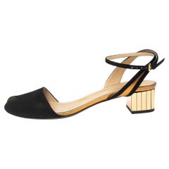 Gucci Black/Gold Suede Peep-Toe Block Heel Ankle-Strap Sandals Size 37.5