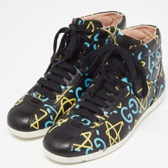 Gucci Black Graffiti Leather Ghost High Top Sneakers Size 35.5