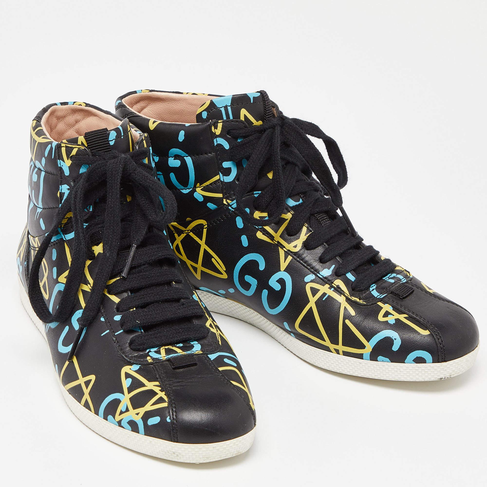 Gucci Black Graffiti Leather Ghost High Top Sneakers Size 35.5 For Sale 1