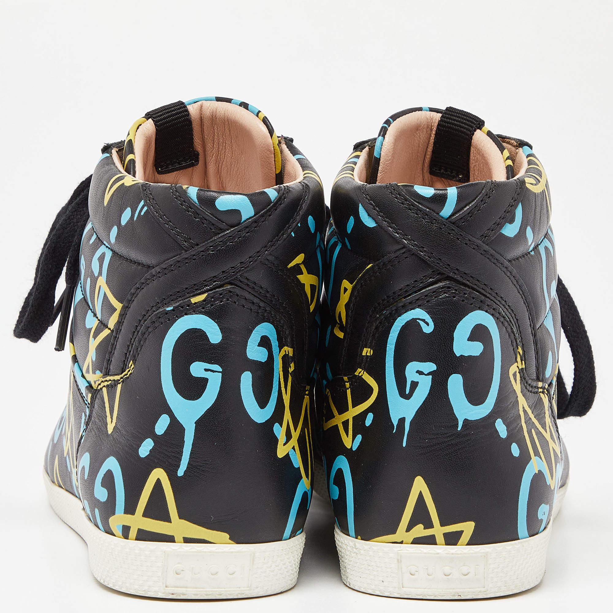 Gucci Black Graffiti Leather Ghost High Top Sneakers Size 35.5 For Sale 3