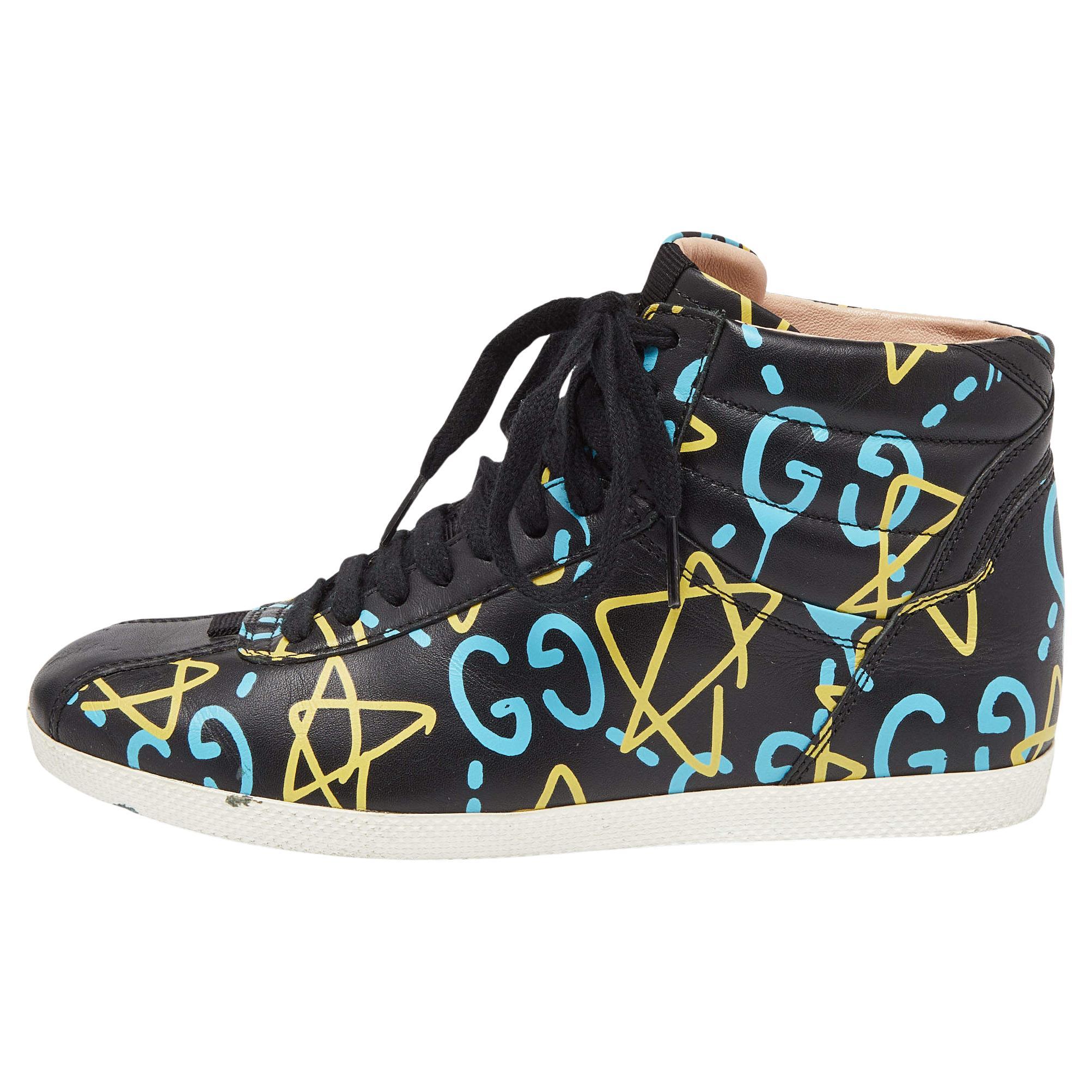 Gucci Black Graffiti Leather Ghost High Top Sneakers Size 35.5 For Sale