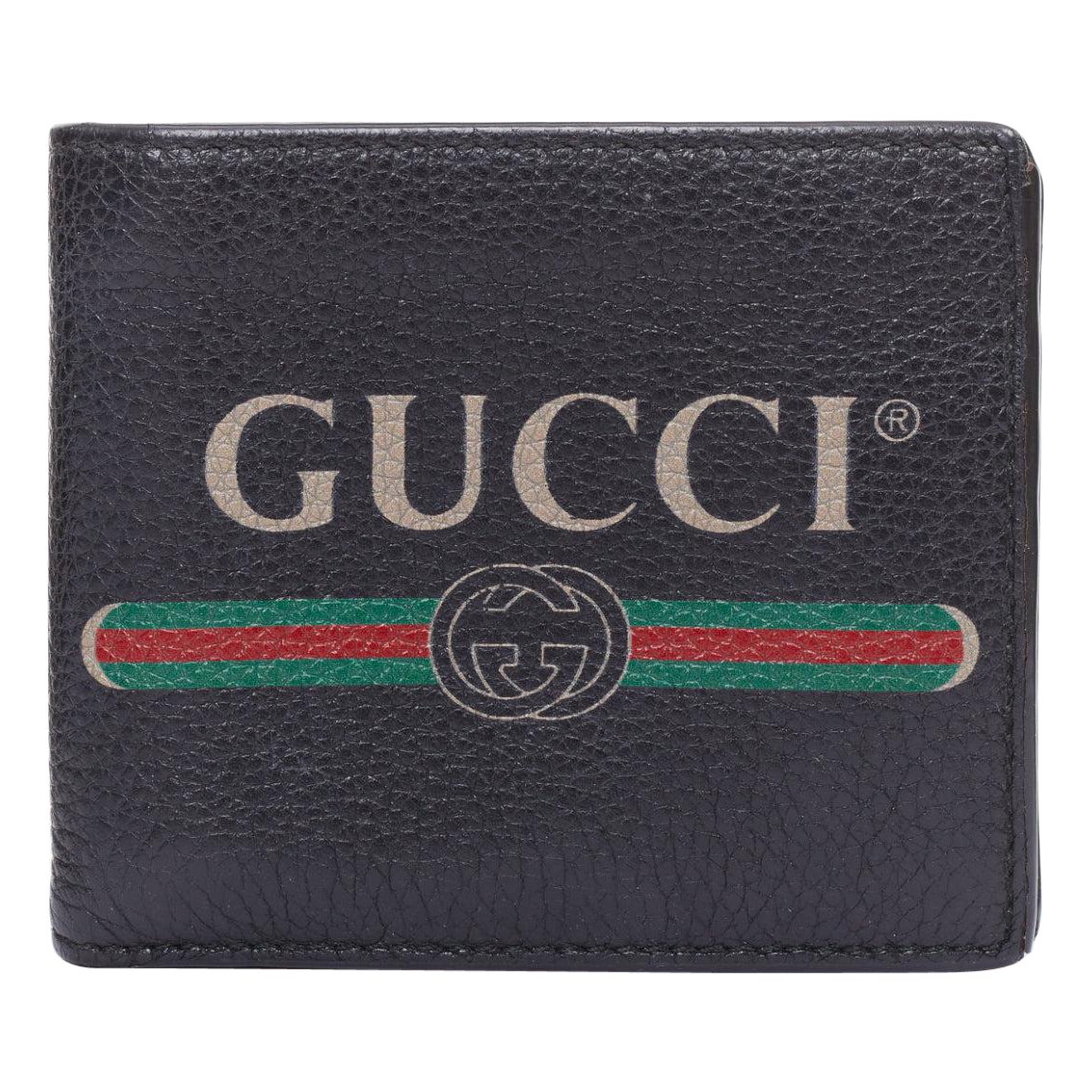 GUCCI black grained leather vintage logo bifold wallet