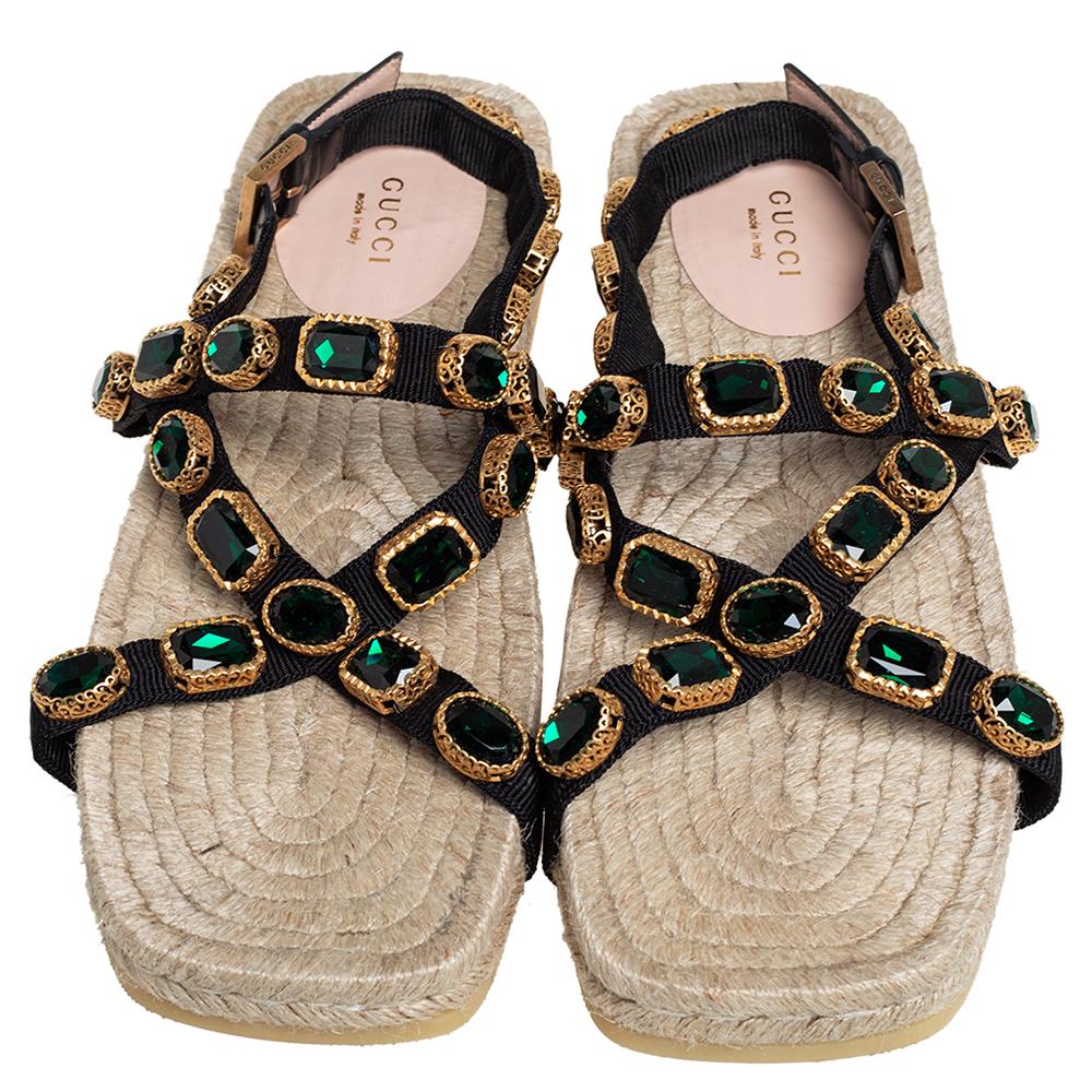 Beige Gucci Black/Green Canvas Grosgrain Espadrille Flat Sandals Size 41