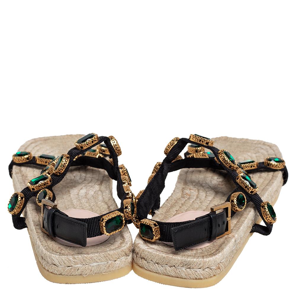 Gucci Black/Green Canvas Grosgrain Espadrille Flat Sandals Size 41 In Excellent Condition In Dubai, Al Qouz 2