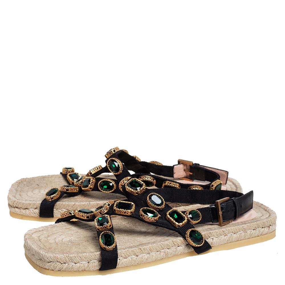 Gucci Black/Green Canvas Grosgrain Espadrille Flat Sandals Size 41 3
