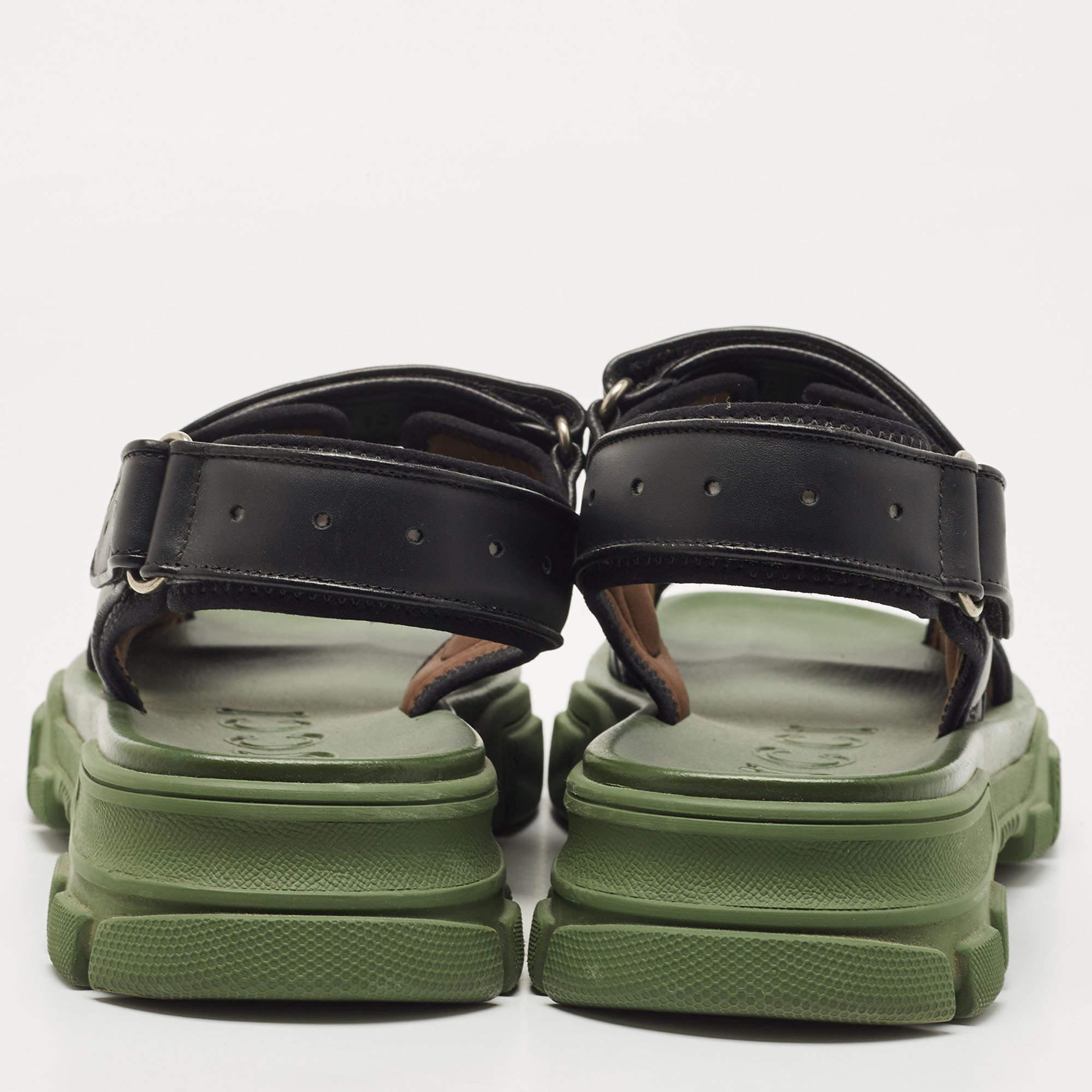 Gucci Black/Green Leather and Mesh Sega Sandals Size 44 In Excellent Condition In Dubai, Al Qouz 2
