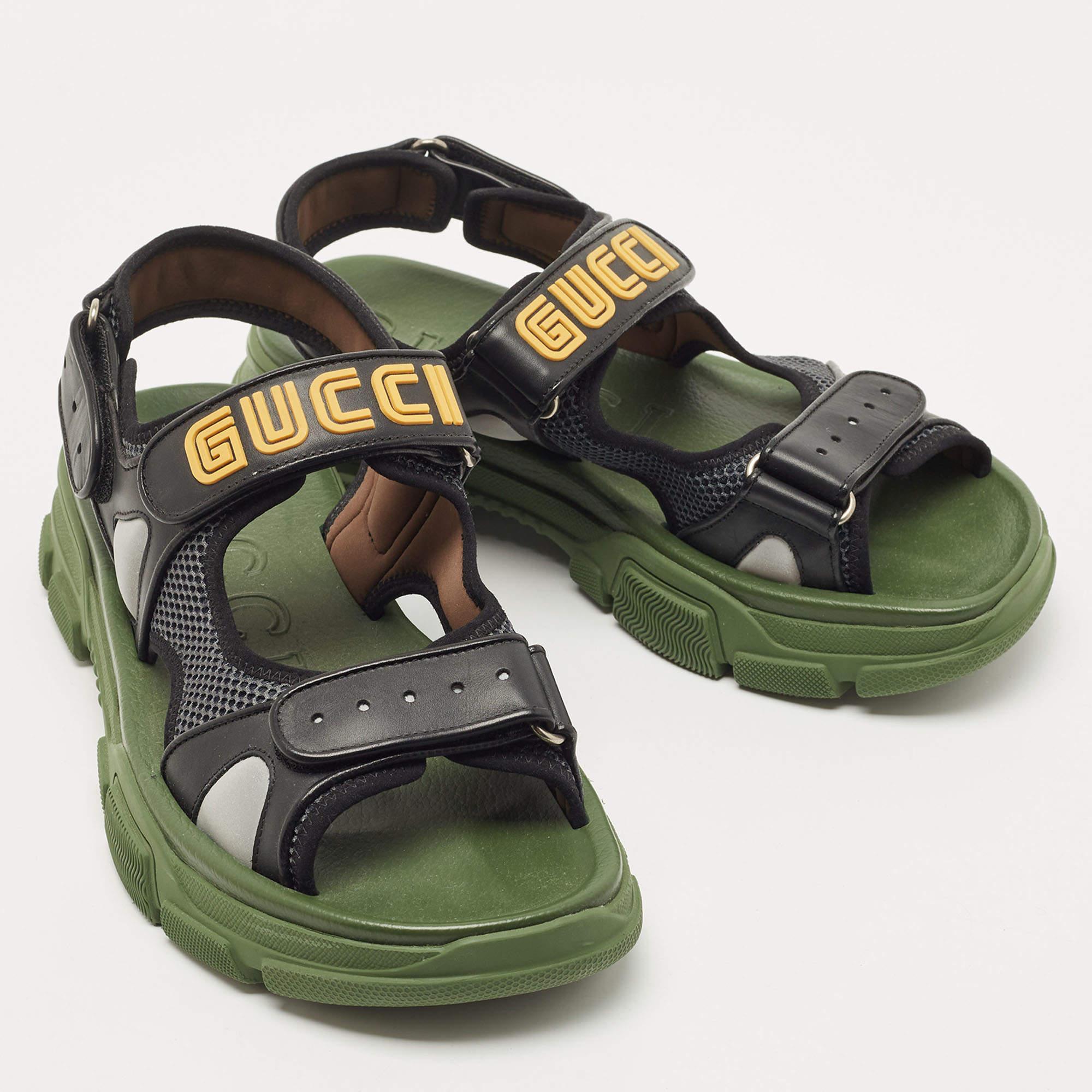 Men's Gucci Black/Green Leather and Mesh Sega Sandals Size 44