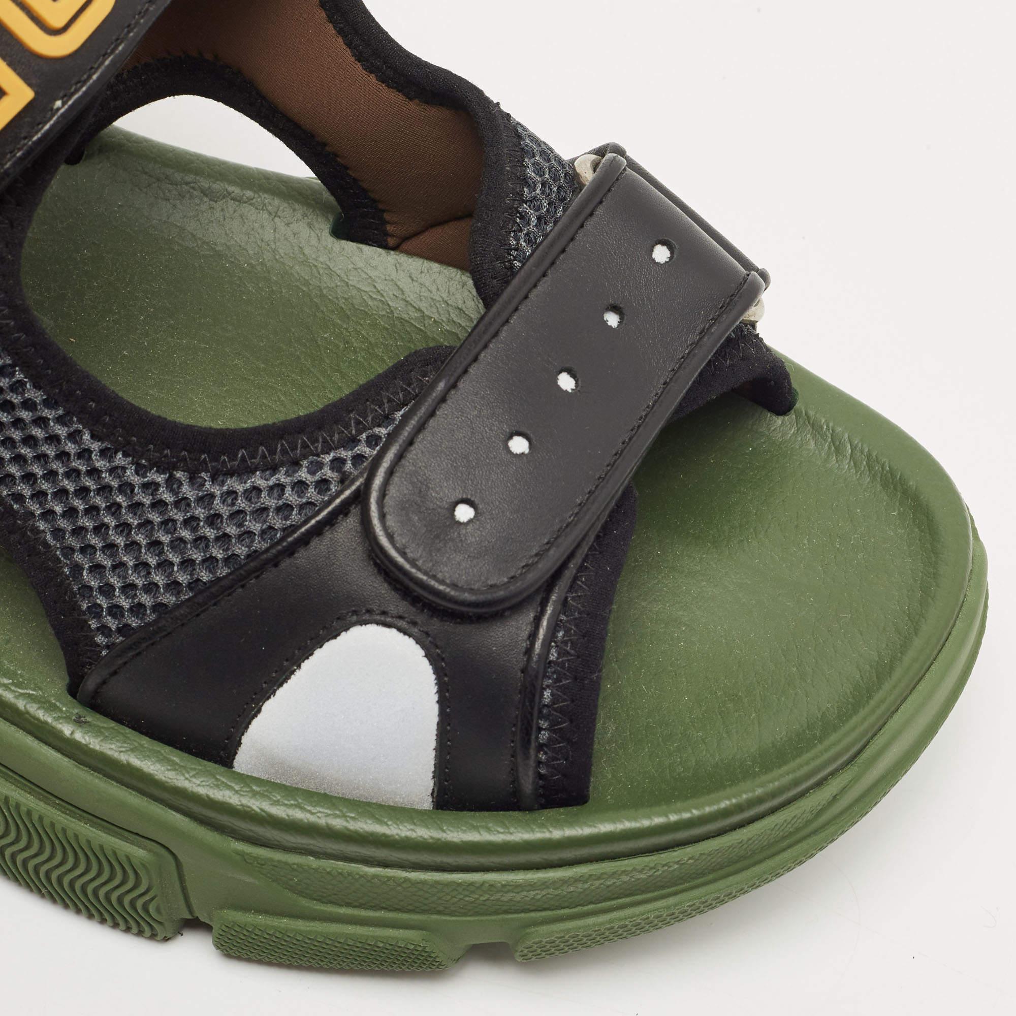 Gucci Black/Green Leather and Mesh Sega Sandals Size 44 2