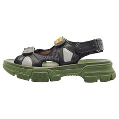 Gucci Black/Green Leather and Mesh Sega Sandals Size 44
