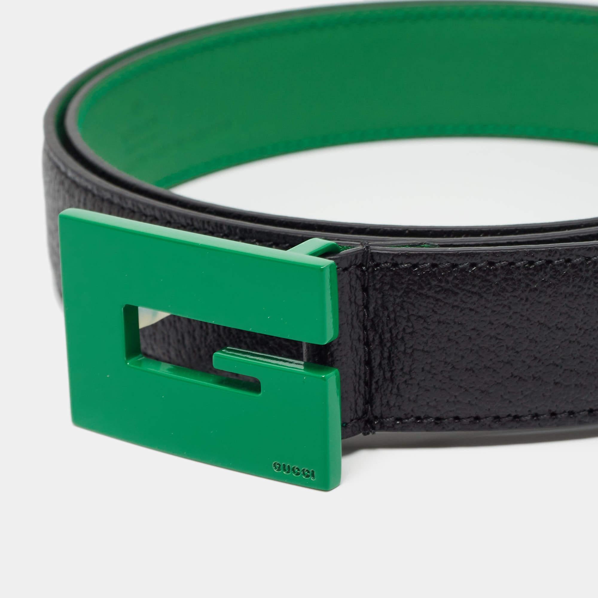 Gucci Black/Green Leather G Square Buckle Belt 100CM In Good Condition In Dubai, Al Qouz 2