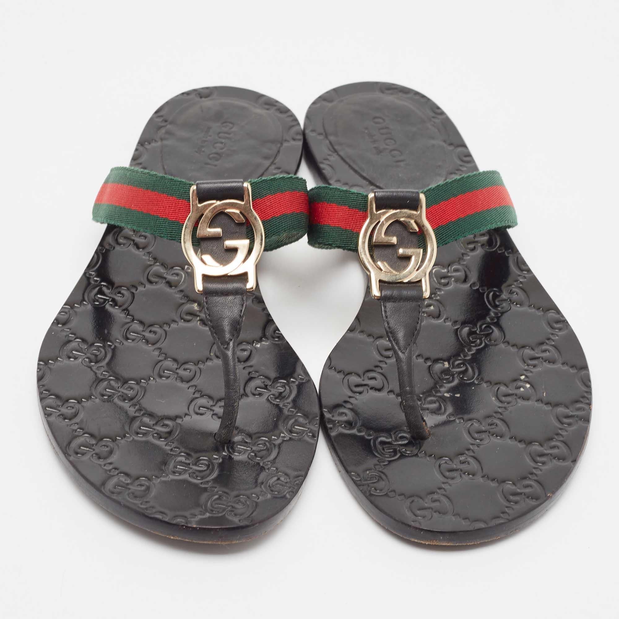 Women's Gucci Black/Green Leather GG Web Thong Flats Size 37.5