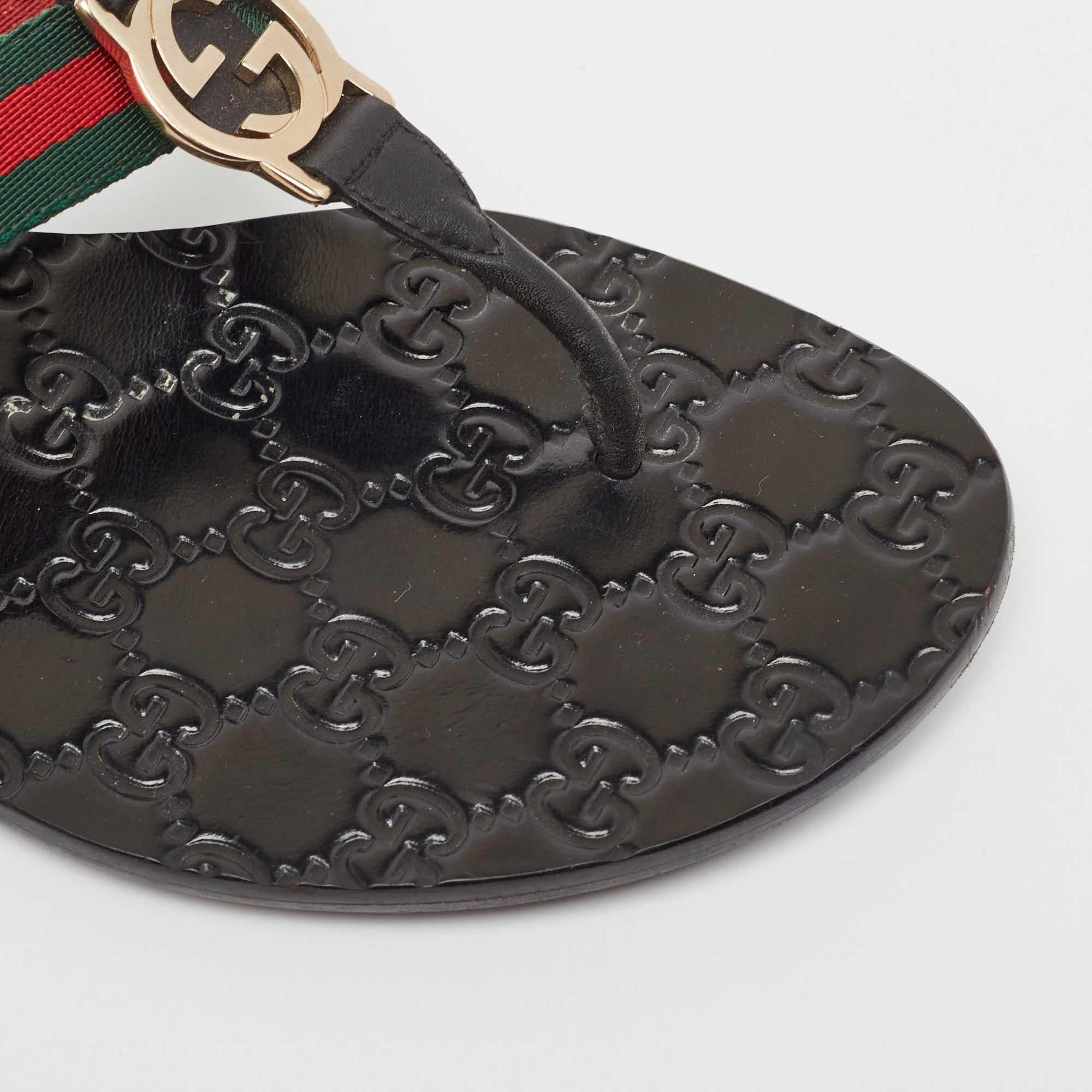 Gucci Black/Green Leather GG Web Thong Flats Size 37.5 3