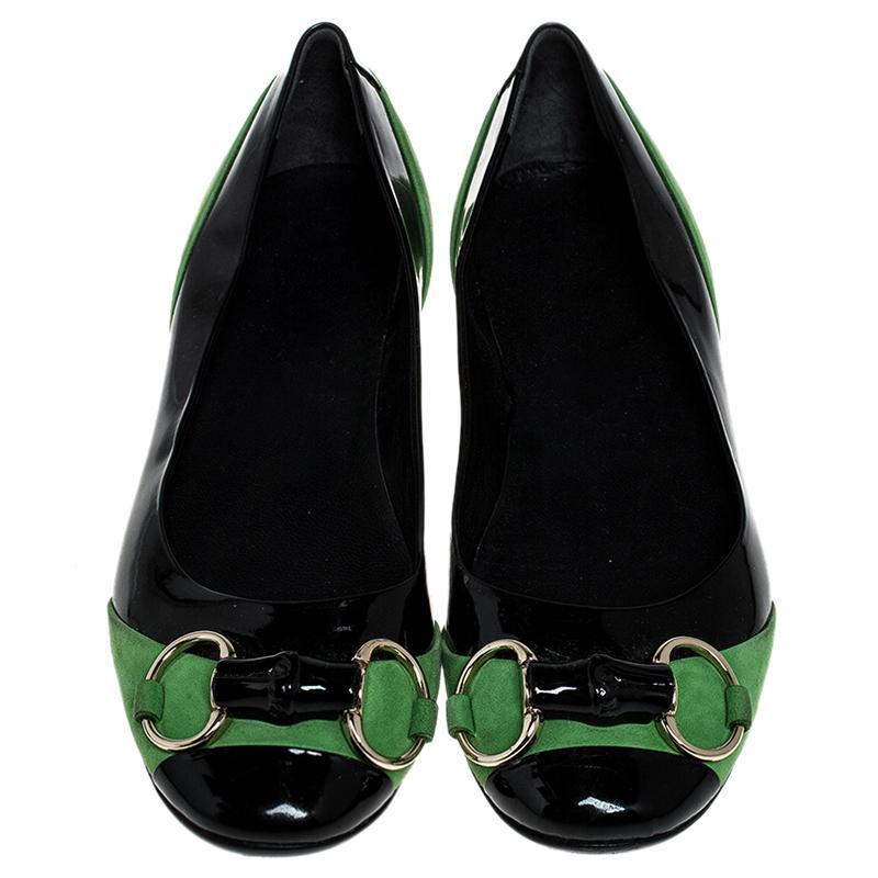 Gucci Black/Green Patent Leather And Suede Bamboo Horsebit Ballet Flats Size 36 In Good Condition In Dubai, Al Qouz 2