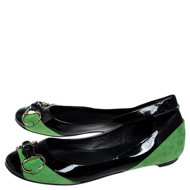 Women's Gucci Black/Green Patent Leather And Suede Bamboo Horsebit Ballet Flats Size 36