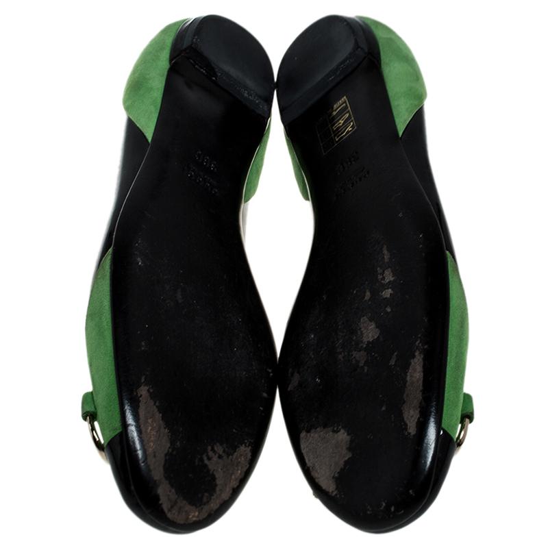 Gucci Black/Green Patent Leather And Suede Bamboo Horsebit Ballet Flats Size 36 2