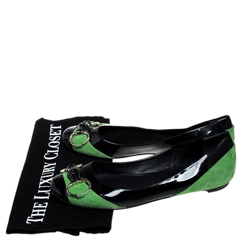 Gucci Black/Green Patent Leather And Suede Bamboo Horsebit Ballet Flats Size 36 4