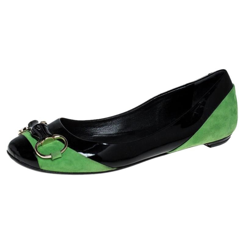Gucci Black/Green Patent Leather And Suede Bamboo Horsebit Ballet Flats Size 36