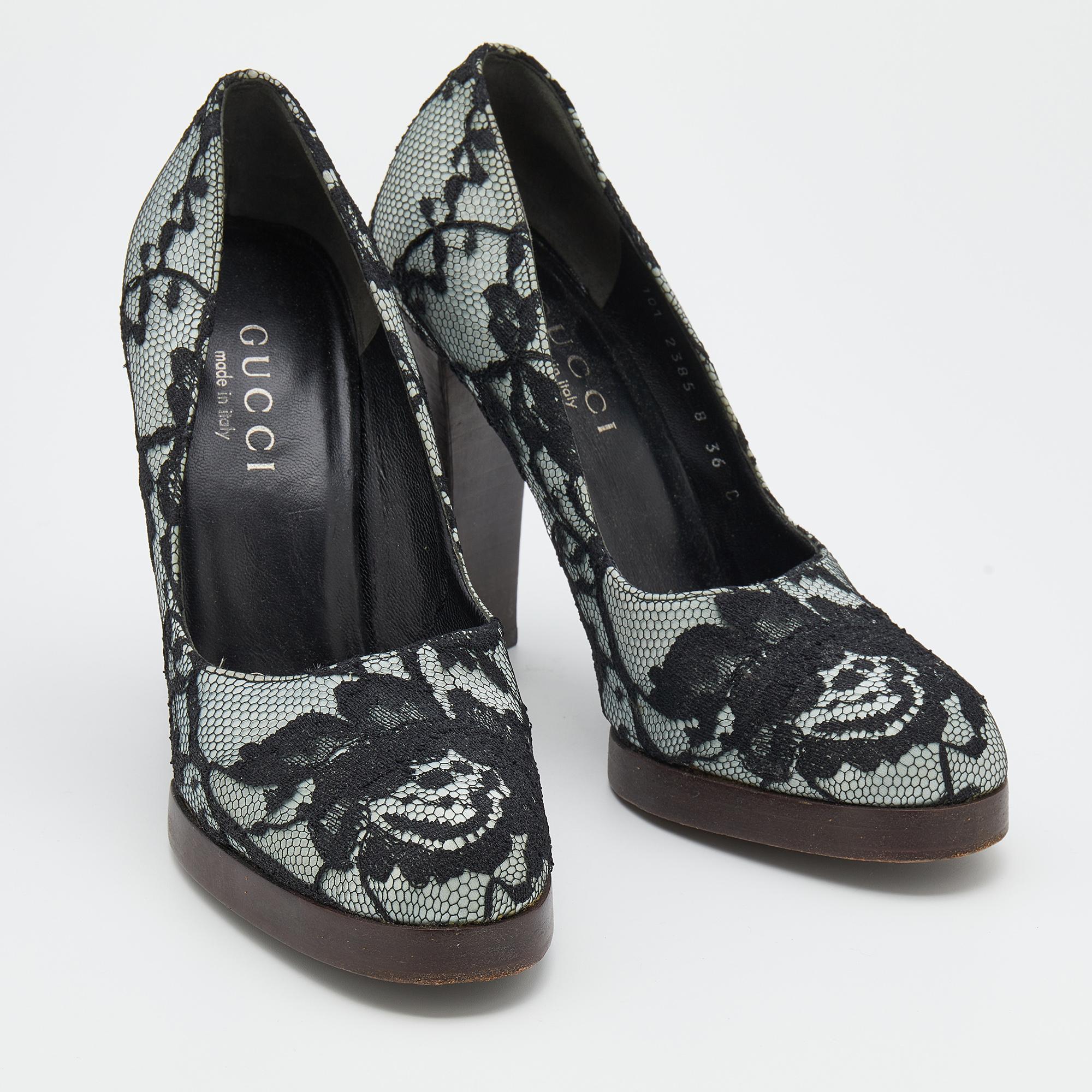 Women's Gucci Black/Grey Floral Lace And Satin Block Heel Pumps Size 36 For Sale