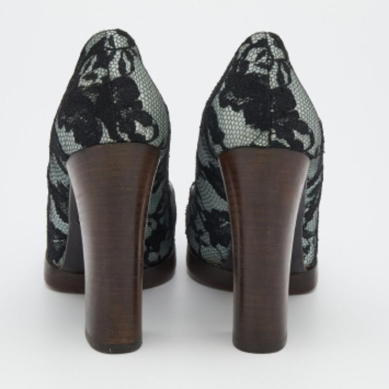 Gucci Black/Grey Floral Lace And Satin Block Heel Pumps Size 36 For Sale 2