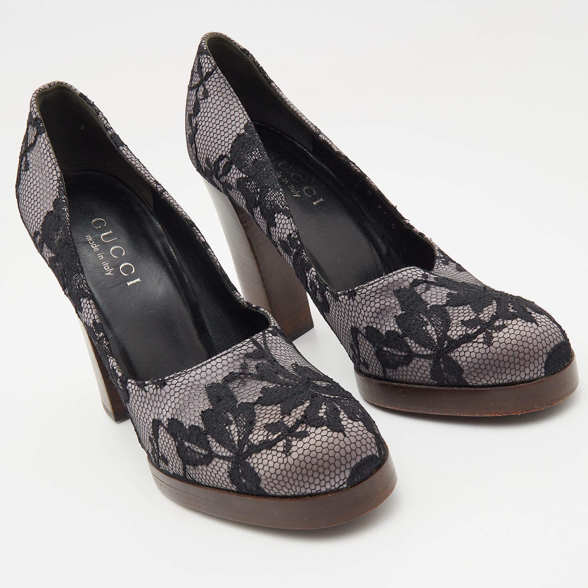 Women's Gucci Black/Grey Floral Lace and Satin Platform Round Toe Pumps Size 37 For Sale