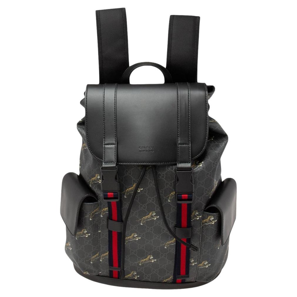 Gucci Black/Grey GG Supreme And Leather Tiger Backpack