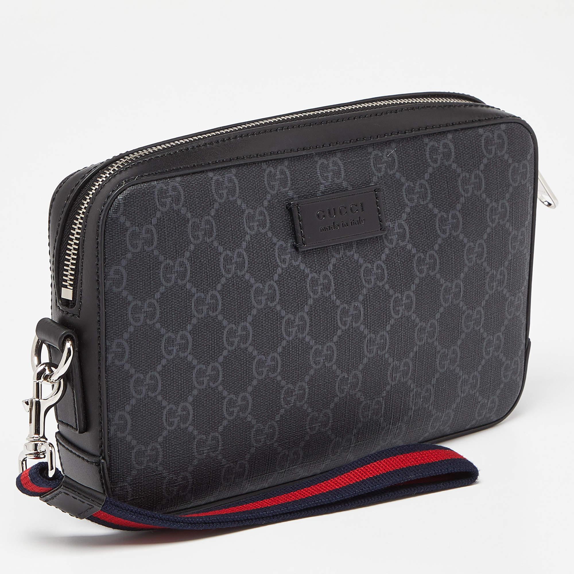Women's Gucci Black/Grey GG Supreme Canvas and Leather Wristlet Pouch