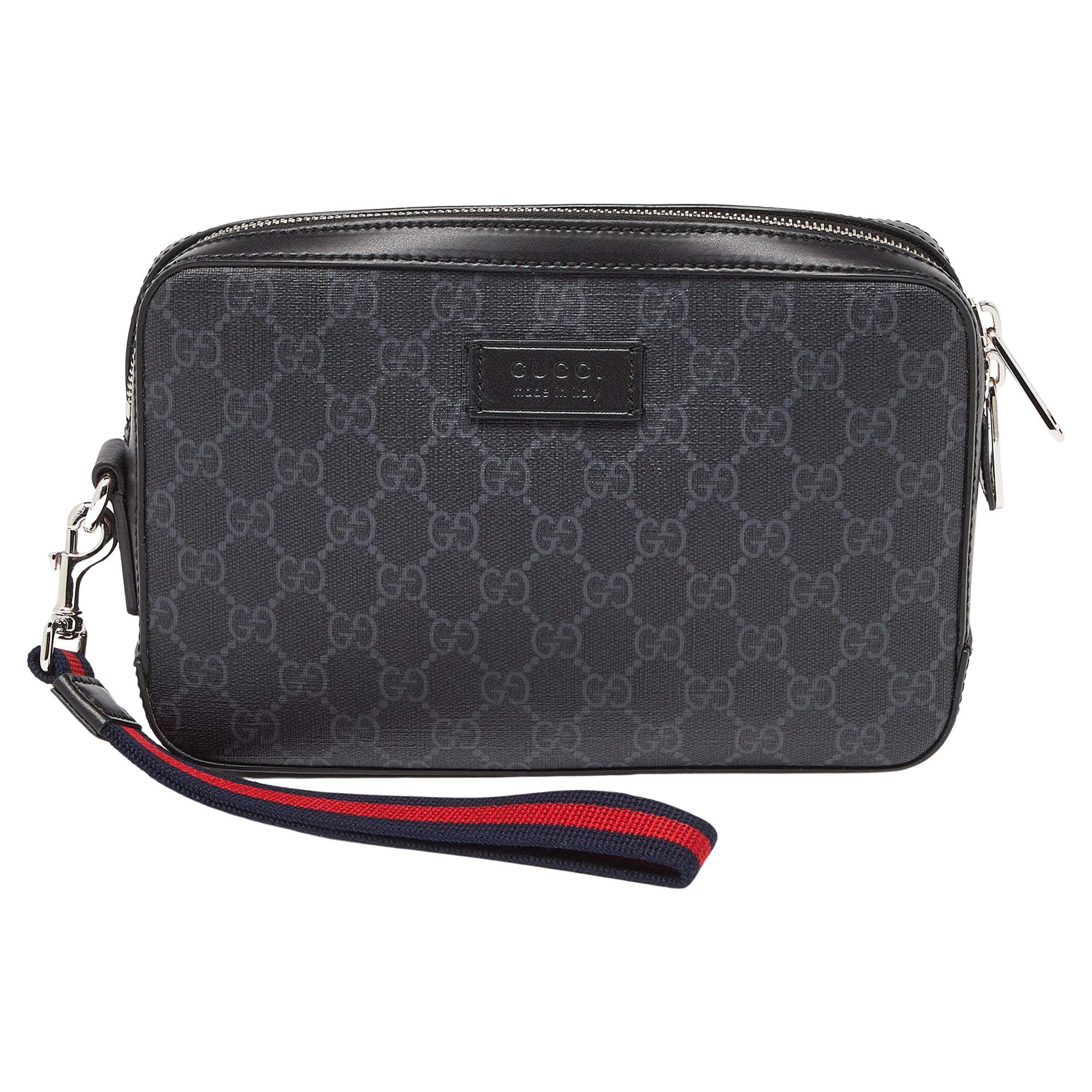 Gucci Black/Grey GG Supreme Canvas and Leather Wristlet Pouch