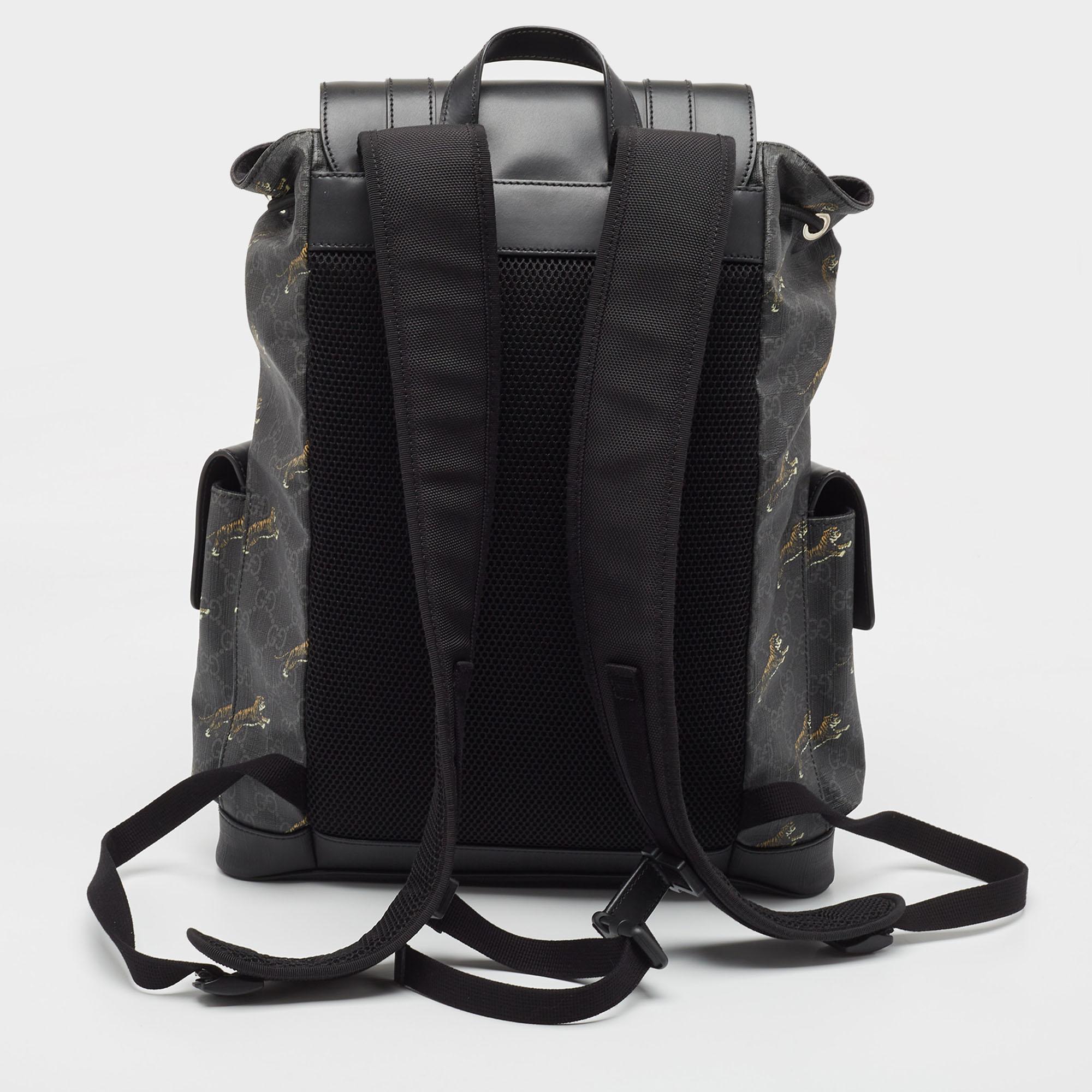 Gucci Black/Grey GG Supreme Canvas Tiger Print Backpack 3