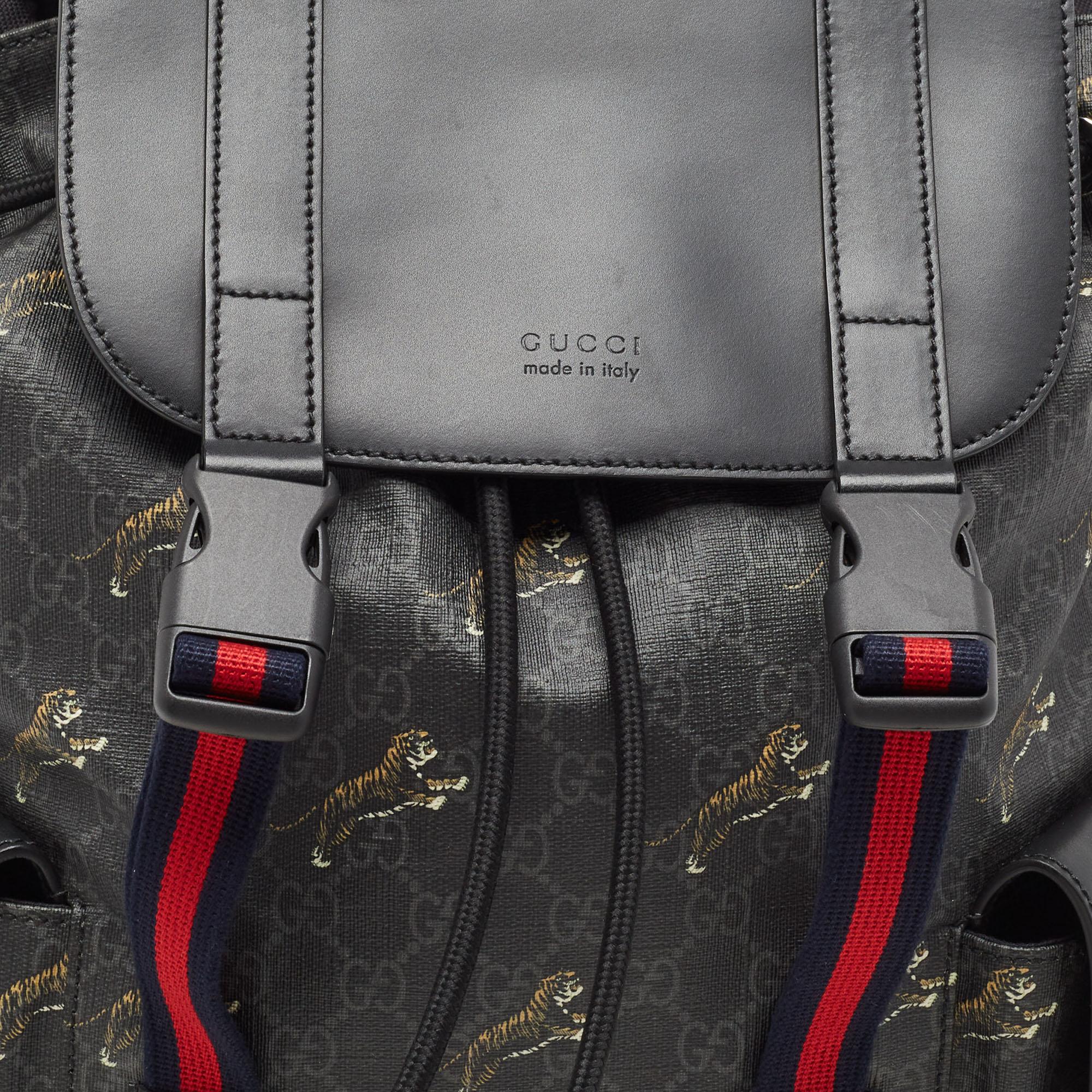 Gucci Black/Grey GG Supreme Canvas Tiger Print Backpack 4