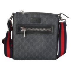 Gucci Black Grey GG Supreme Canvas Web Small Flat Messenger Bag