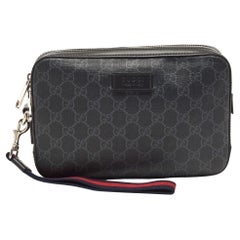 Used Gucci Black/Grey GG Supreme Canvas Wristlet Pouch