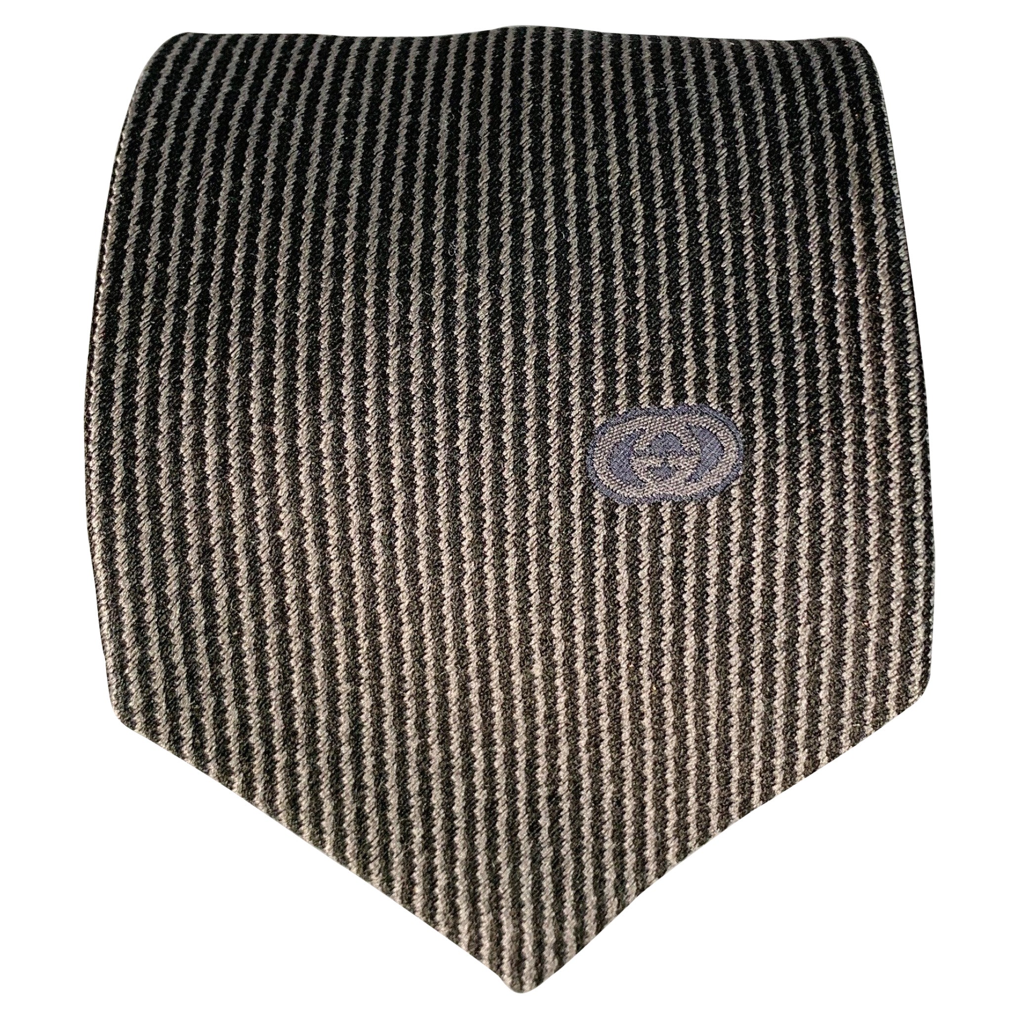GUCCI Black Grey Stripe Silk Tie
