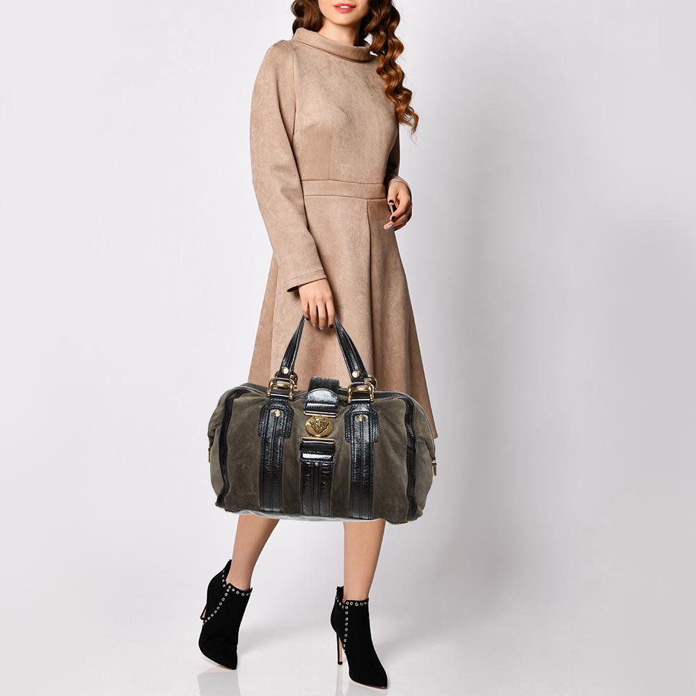 Gucci Black/Grey Suede and Patent Leather Aviatrix Large Boston Bag In Fair Condition In Dubai, Al Qouz 2