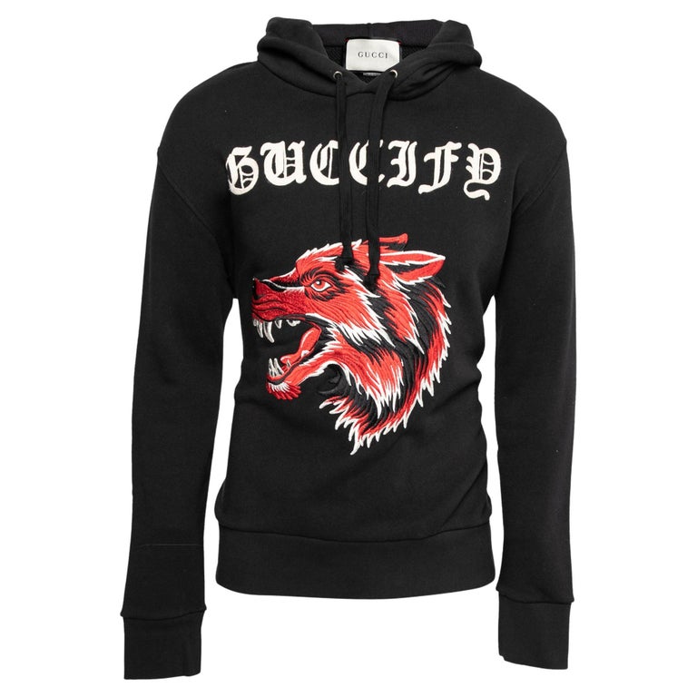 Gucci Black Guccify Wolf Embroidered Cotton Long Sleeve Hoodie M For Sale  at 1stDibs