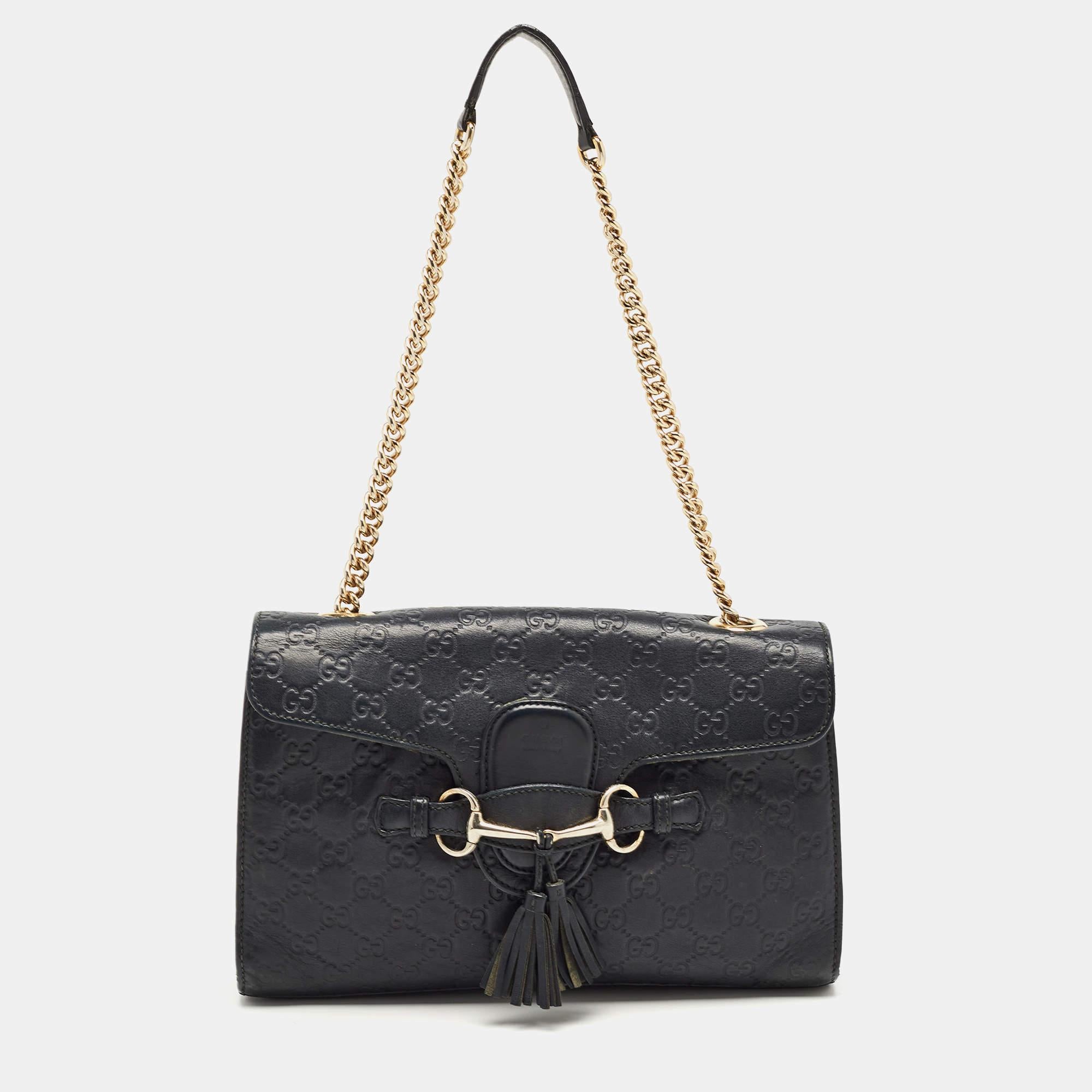 Gucci Black Guccisima Leather Medium Emily Shoulder Bag For Sale 1