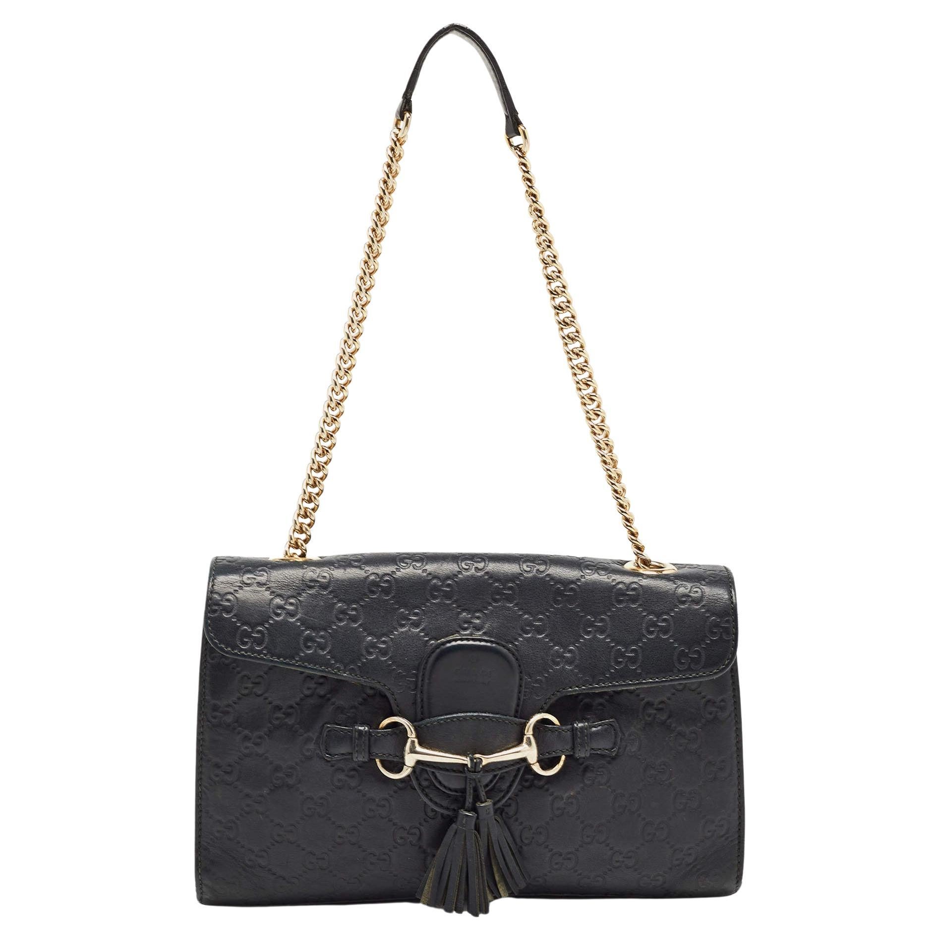 Gucci Black Guccisima Leather Medium Emily Shoulder Bag For Sale