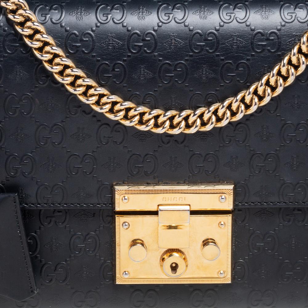 Women's Gucci Black Guccissima Bee Embossed Leather Medium Padlock Shoulder Bag