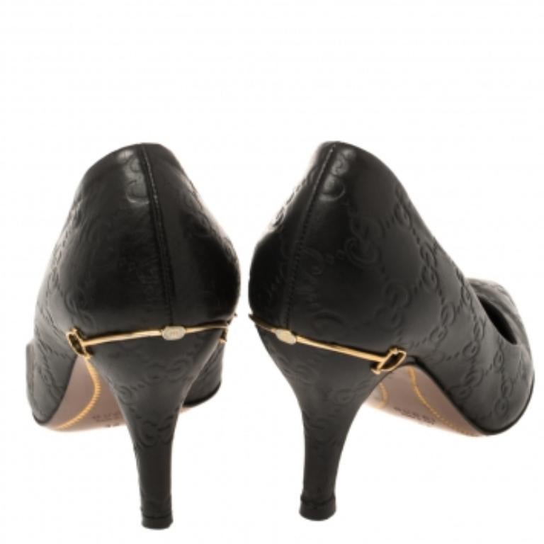 Gucci Black Guccissima Leather Adina Horsebit Pointed Toe Pumps Size 36 In Fair Condition For Sale In Dubai, Al Qouz 2