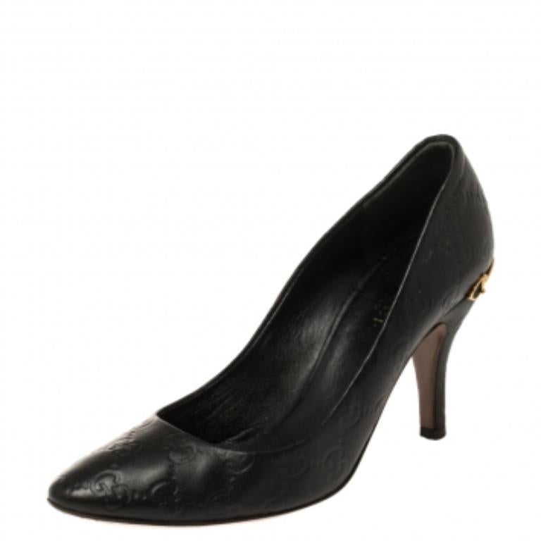 Gucci Black Guccissima Leather Adina Horsebit Pointed Toe Pumps Size 36 For Sale 2