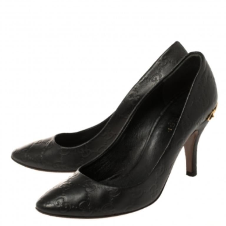 Gucci Black Guccissima Leather Adina Horsebit Pointed Toe Pumps Size 36 For Sale 3