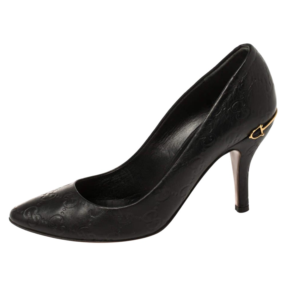 Gucci Black Guccissima Leather Adina Horsebit Pointed Toe Pumps Size 36
