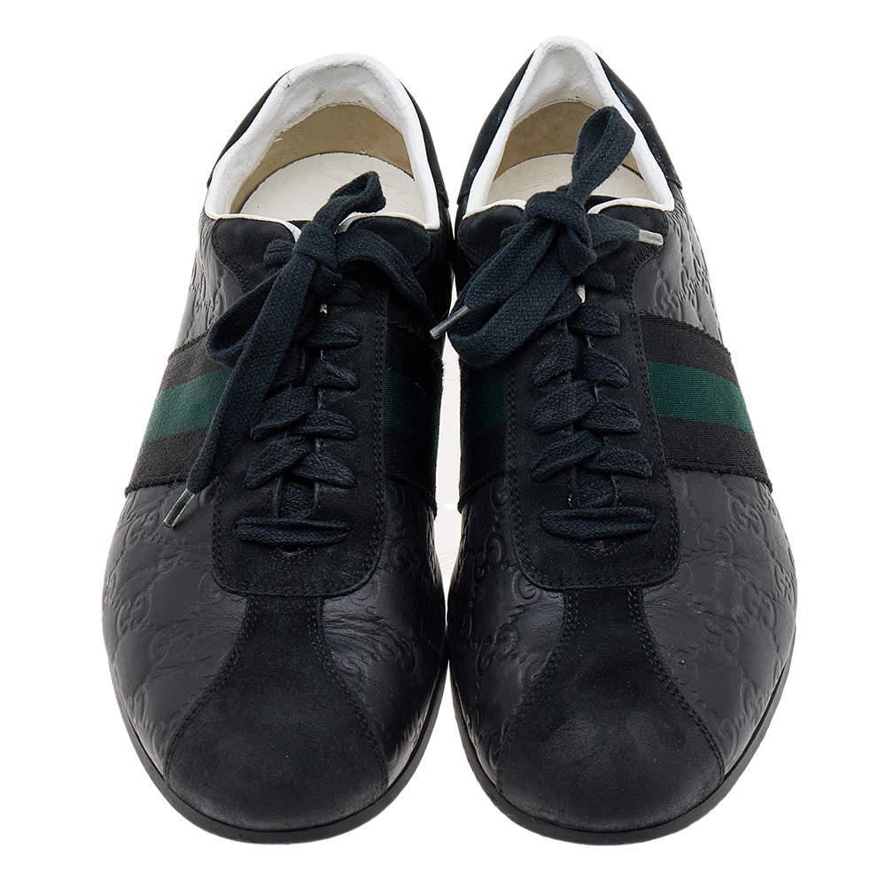 Gucci Black Guccissima Leather And Suede Web Detail Low Top Sneakers Size 42 In Fair Condition For Sale In Dubai, Al Qouz 2
