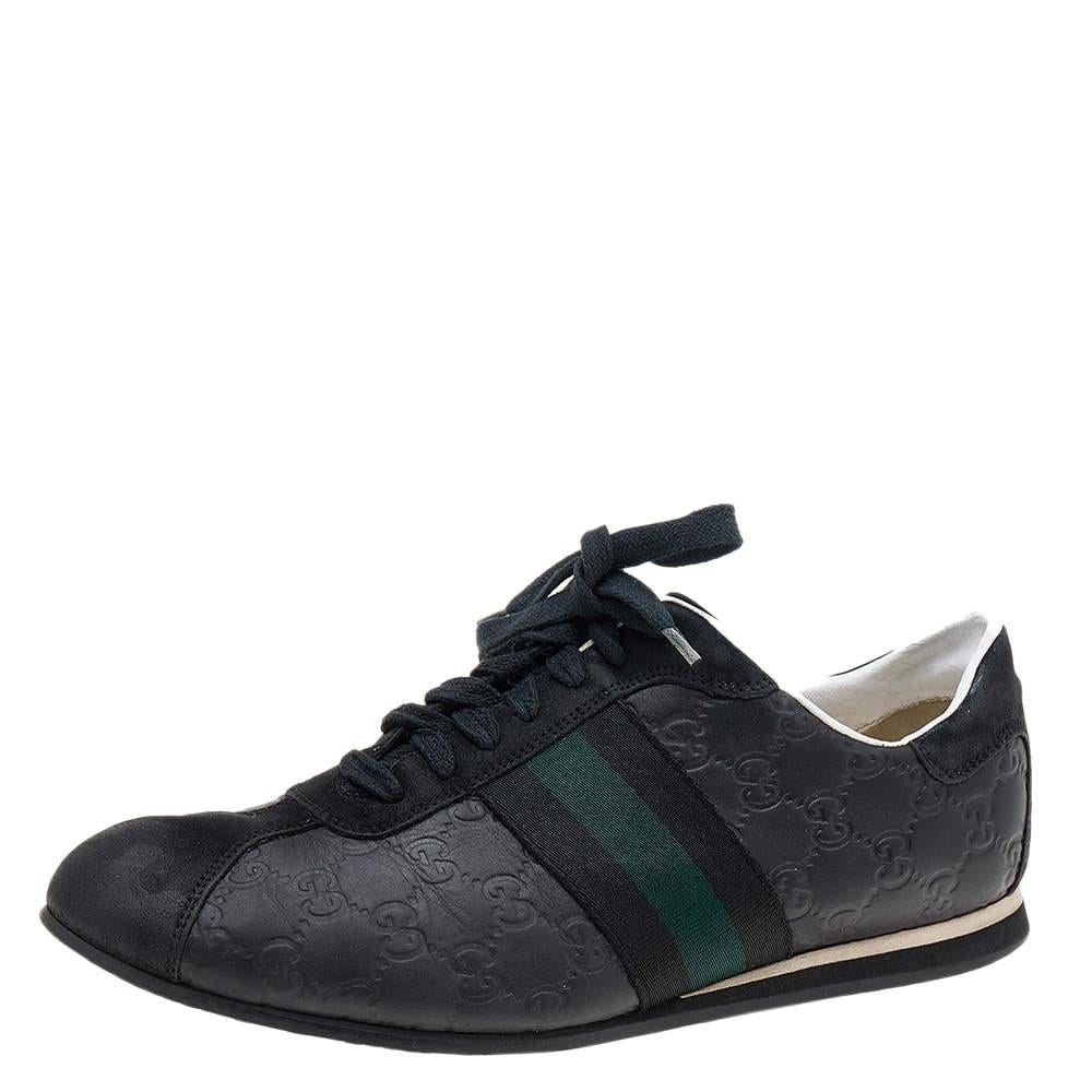 Gucci Black Guccissima Leather And Suede Web Detail Low Top Sneakers Size 42 For Sale 1
