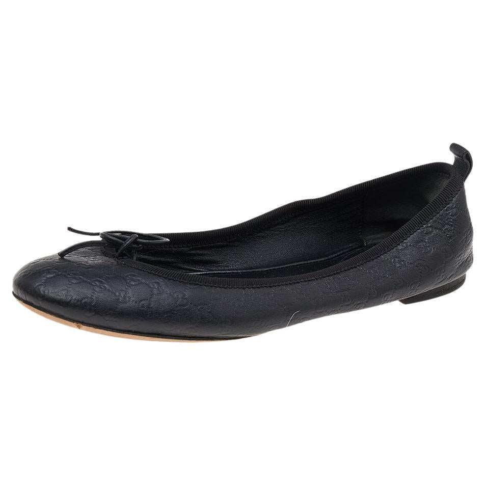 Gucci Black Guccissima Leather Bow Ballet Flats Size 36 For Sale