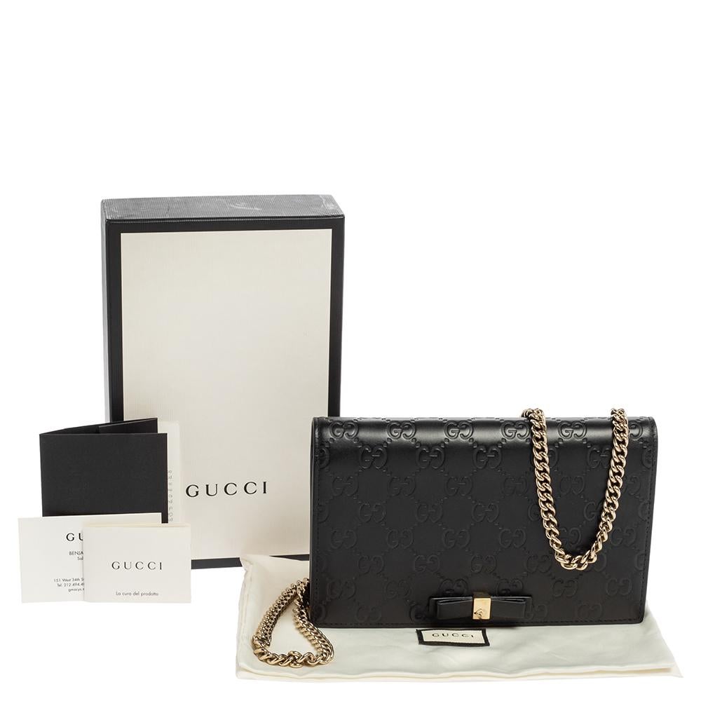 Gucci Black Guccissima Leather Bow Flap Wallet on Chain 8
