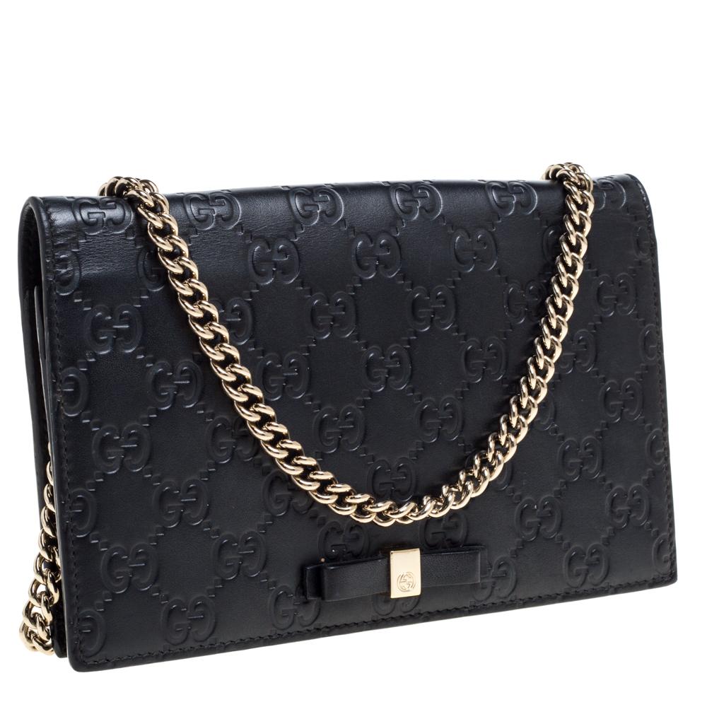 Gucci Schwarz Guccissima Leder Bow Flap Wallet auf Kette Damen