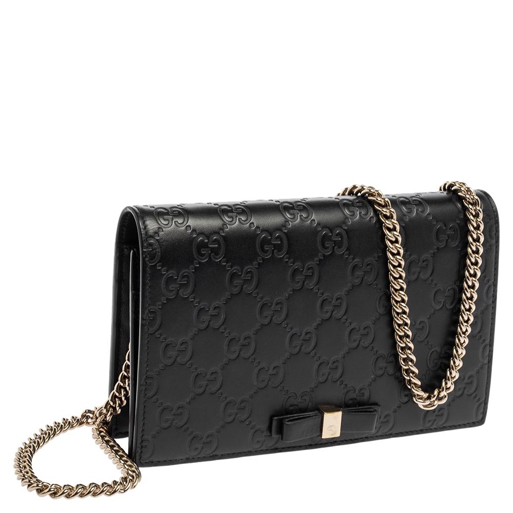 Women's Gucci Black Guccissima Leather Bow Flap Wallet on Chain