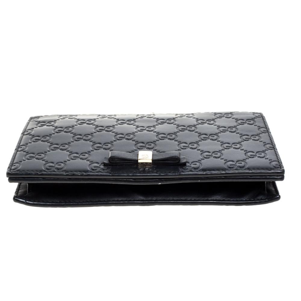 Gucci Schwarz Guccissima Leder Bow Flap Wallet auf Kette 1
