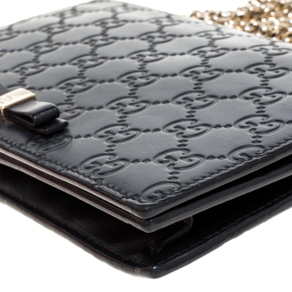 Gucci Schwarz Guccissima Leder Bow Flap Wallet auf Kette 5